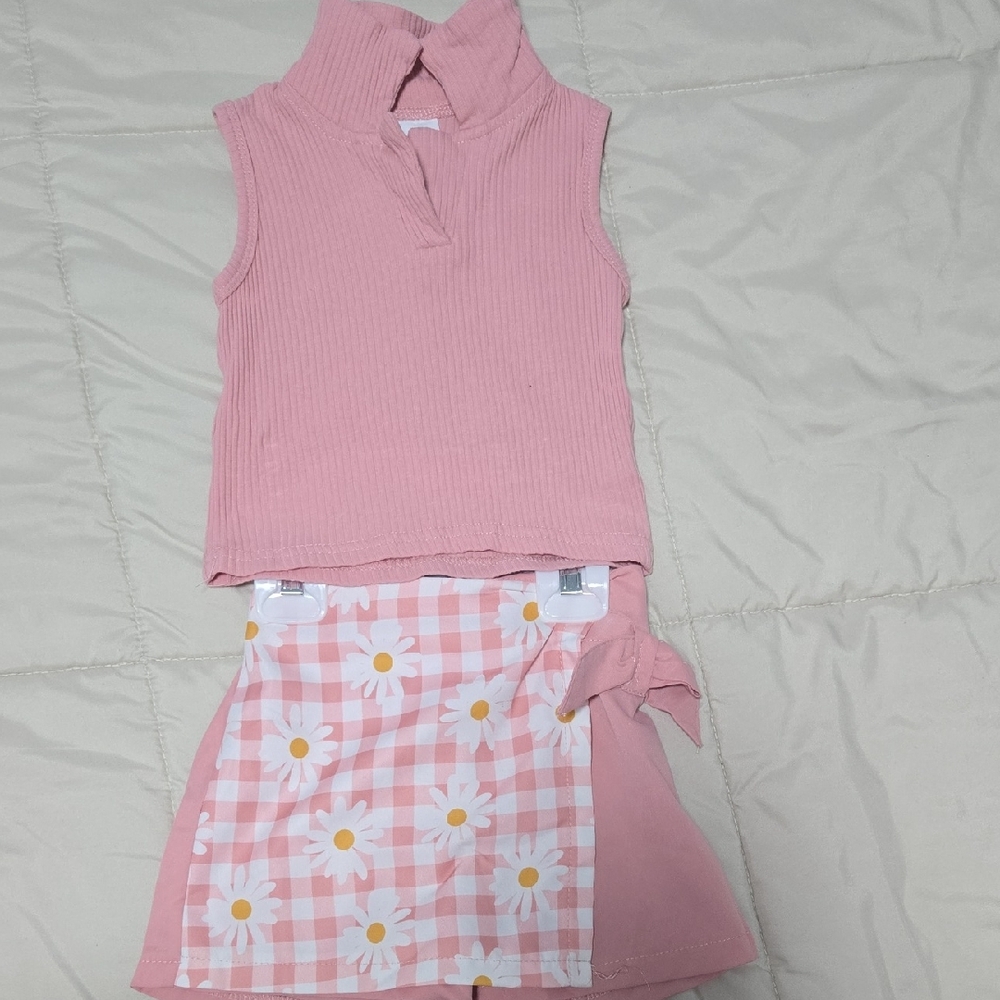 Pink Sleeveless Top and Floral Skirt Set